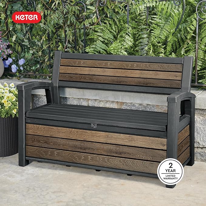 Keter Signature 60 Gallon Storage Bench Deck Box for Patio Furniture, Front Porch Decor and Outdoor Seating – Perfect to Store Garden Tools, Walnut - Image 11