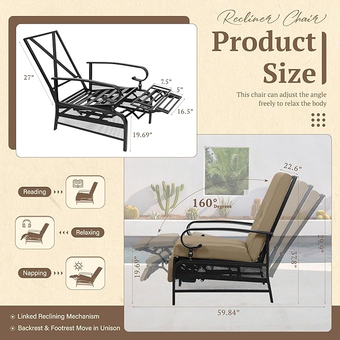 Oakcloud Adjustable Outdoor Lounge Chair Metal Patio Relaxing Recliner Chair Set with Bistro Table and Removable Cushions(Brown) - Image 3