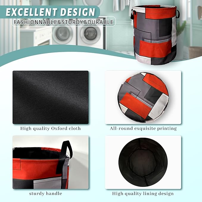 Red Grey Geometry Laundry Basket Foldable - Image 4