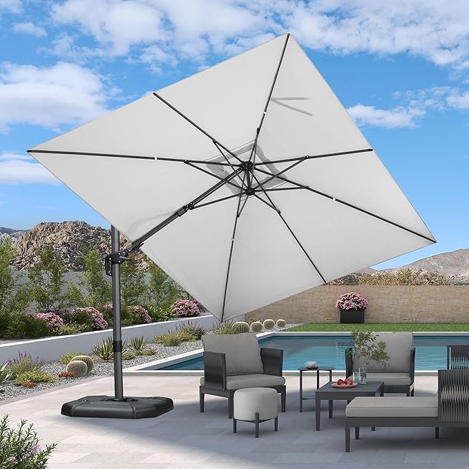 PURPLE LEAF 9' X 12' Right-left Tilt Patio Umbrella with Base Outdoor Cantilever Swivel Rectangle Umbrella Aluminum Offset Umbrella with 360-degree Rotation for Garden Deck Pool Patio White - Image 2