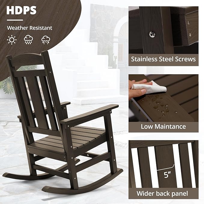 LUE BONA Outdoor Rocking Chairs Set of 2, Weather Resistant HDPS Poly Rocker Chairs, 350lb Heavy Duty, Oversized Porch Rocker for Adult, High Back Smooth Rocking Chair for Outdoor & Indoor, Brown - Image 4