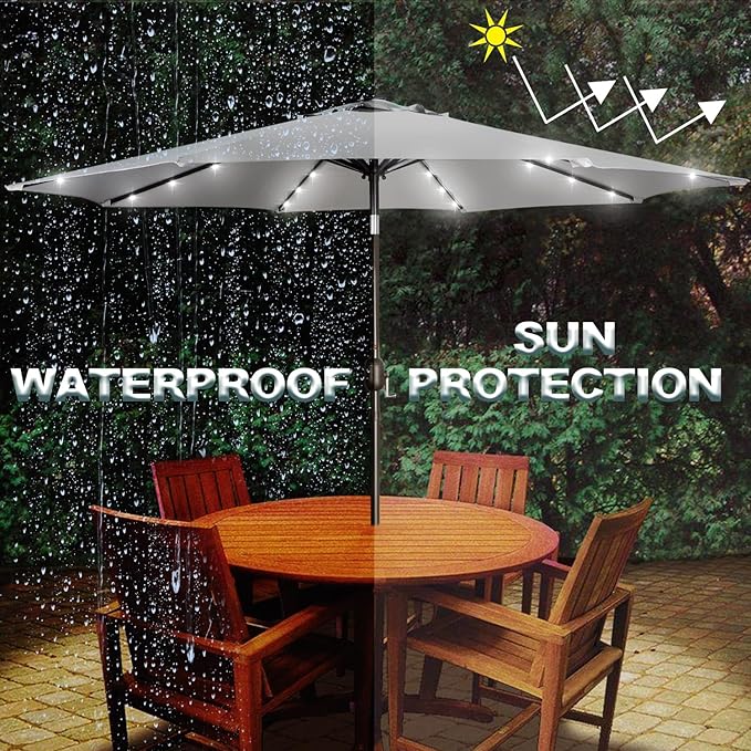 Blissun 9 ft Solar Umbrella, Patio Umbrella with 32 LED Lights, Table Market Umbrella, Outdoor Umbrella for Garden, Deck, Backyard (Light Grey) - Image 5