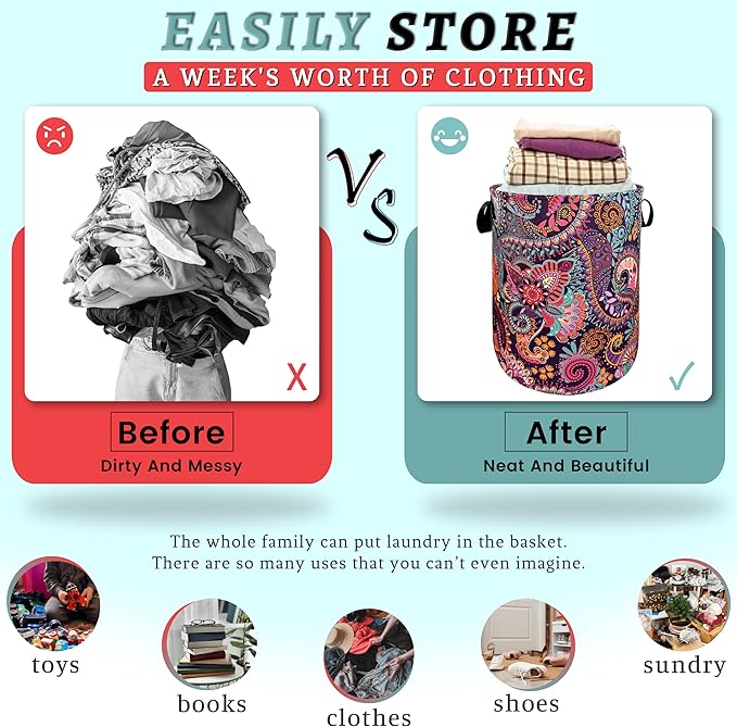 Mandala Paisley Laundry Hamper Retro Boho Colorful Laundry Basket - Image 3