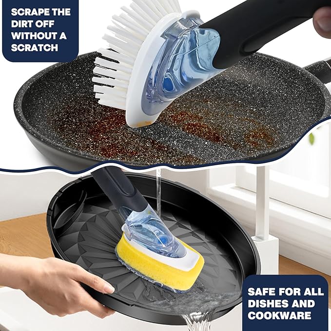 RIMAY Dish Brush with Soap Dispenser Storage Set with 2 PCS Brush Refills & - Image 3