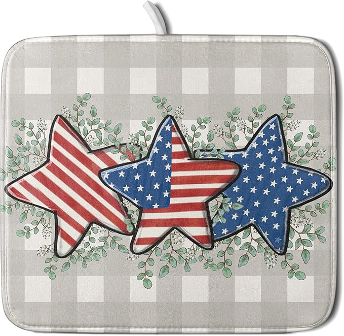 Patriotic Dish Drying Mat for Kitchen Counter Cute Stars 4th of July Holiday by Unknown