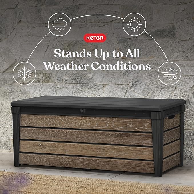 Keter Everwood 120 Gallon Resin Signature Collection Large Outdoor Storage Box for Patio Furniture, Outdoor Cushions, Garden Tools and Pool Gear, Walnut - Image 3