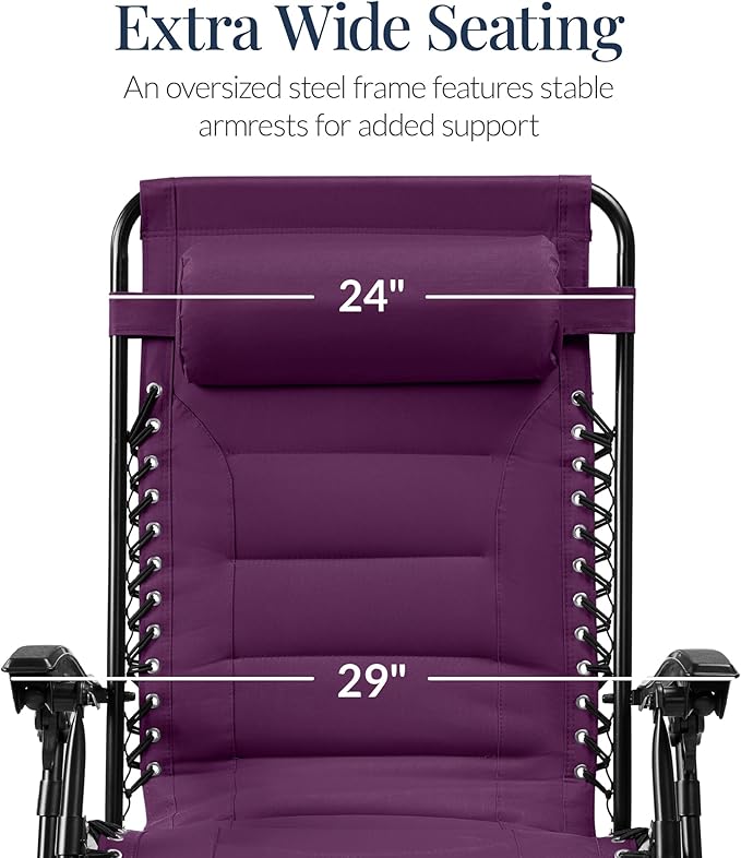 Best Choice Products Oversized Padded Zero Gravity Chair, Folding Outdoor Patio Recliner, XL Anti Gravity Lounger for Backyard w/Headrest, Cup Holder, Side Tray, Polyester Mesh - Amethyst Purple - Image 3