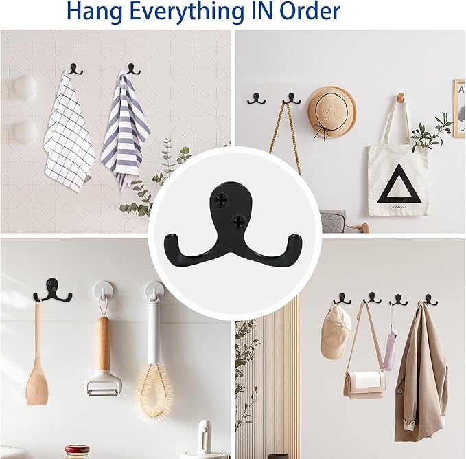 Aynoo 10 Pack Coat Hooks, Metal Wall Hooks Hardware, Heavy Duty Double Prong - Image 3