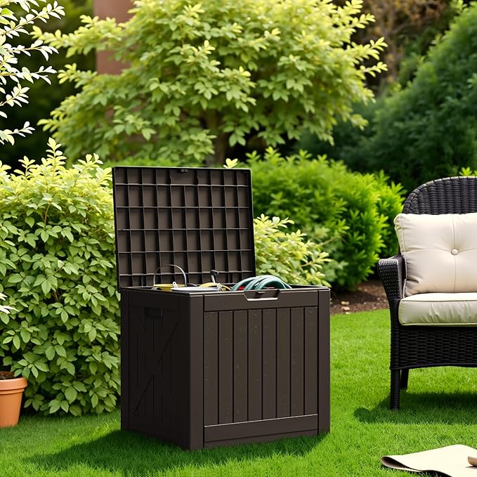 Flamaker Resin Deck Box 40 Gallon Waterproof Outdoor Indoor Storage Box Imitation Wood Resin for Patio Furniture Garden Tools and Pool (Deep Brown) - Image 3