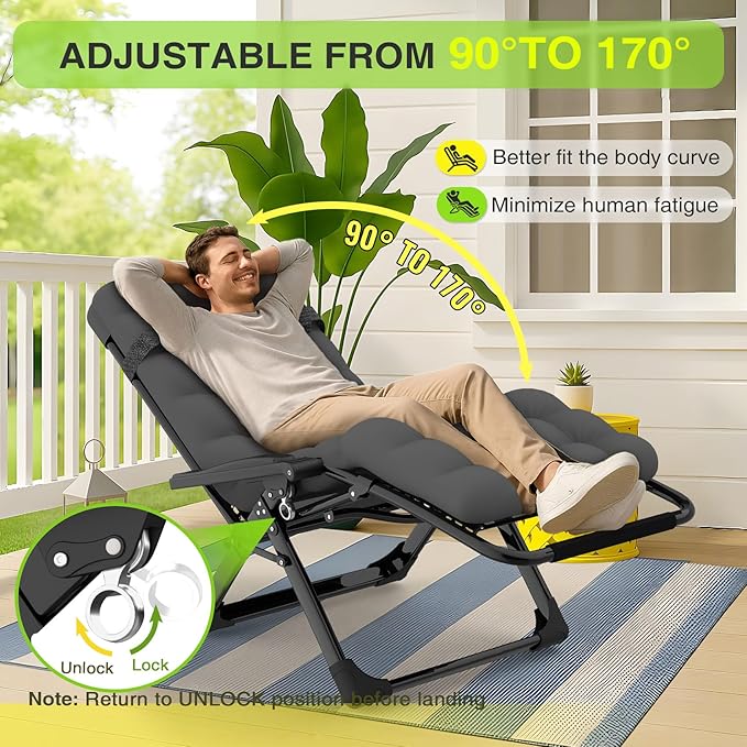 Suteck Zero Gravity Chair, Reclining Camping Lounge Chair w/Removable Cushion, Upgraded Lock and Cup Holder, Reclining Patio Chairs Folding Recliner for Indoor and Outdoor - Image 3