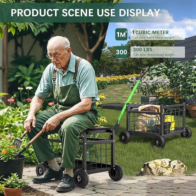 FLINTER Rolling Garden Work Seat with Wheels, Heavy Duty Garden Cart with Seat - Metal Rolling Garden Stool, Upgraded Gardening Cart for Seniors, Outdoor Wagon for Lawn, Patio Gardening, Black - Image 3