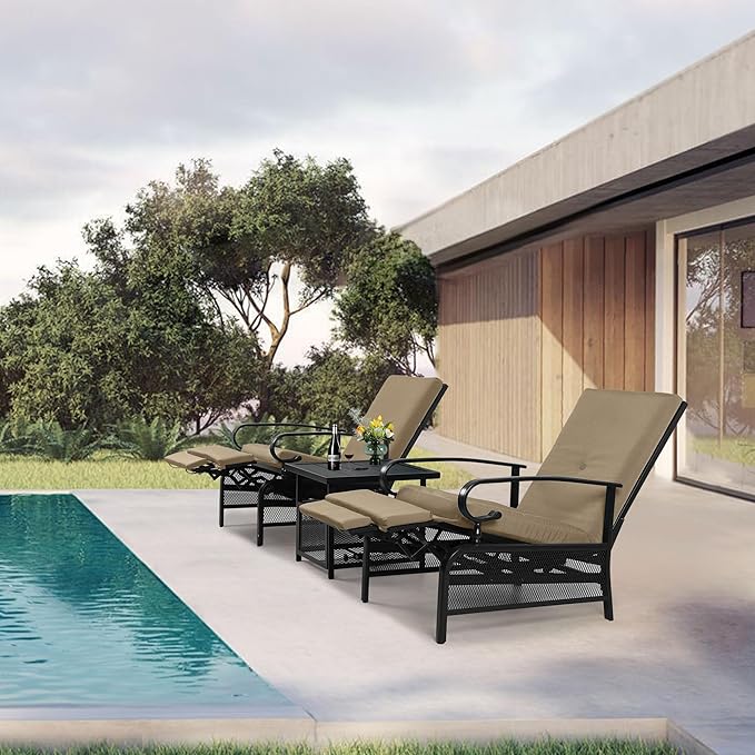 Oakcloud Adjustable Outdoor Lounge Chair Metal Patio Relaxing Recliner Chair Set with Bistro Table and Removable Cushions(Brown) - Image 7