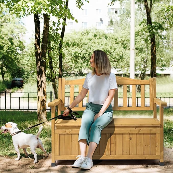 Outvita Outdoor Wood Storage Bench, Wooden Large Deck Box with Seating & Armrest, Waterproof Patio Organizer Loveseat for Garden Porch Deck Backyard Poolside(Yellow) by Outvita