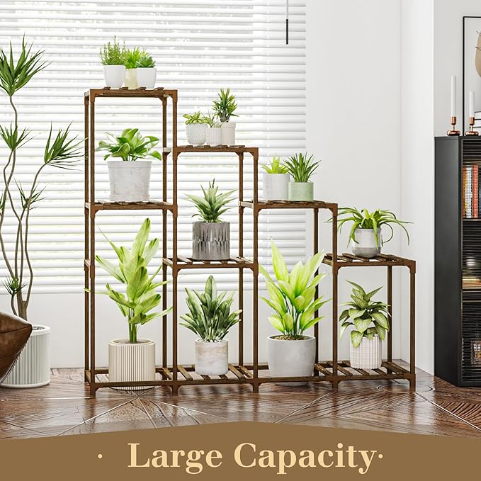 Bamworld Tall Plant Stand Indoor Wood Plant Shelf Outdoor Tiered Plant Rack for Multiple Plants 4 Tiers 10 Pots Ladder Plant Holder Plant Table for Plant Pots Boho Home Decor for Gardening Gifts - Image 3