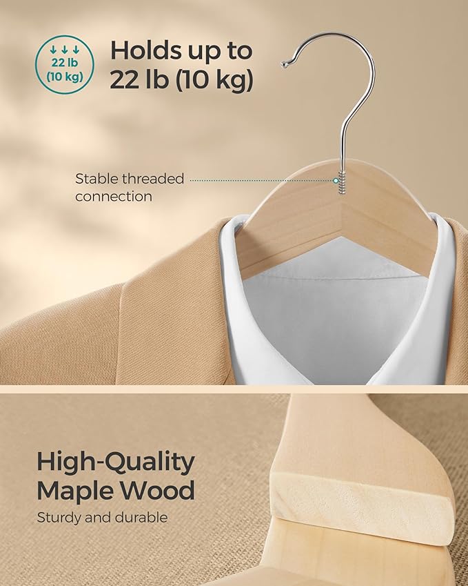 SONGMICS Wooden Hangers, Coat Hangers, Pants Bar, 360° Swivel Hooks, - Image 3