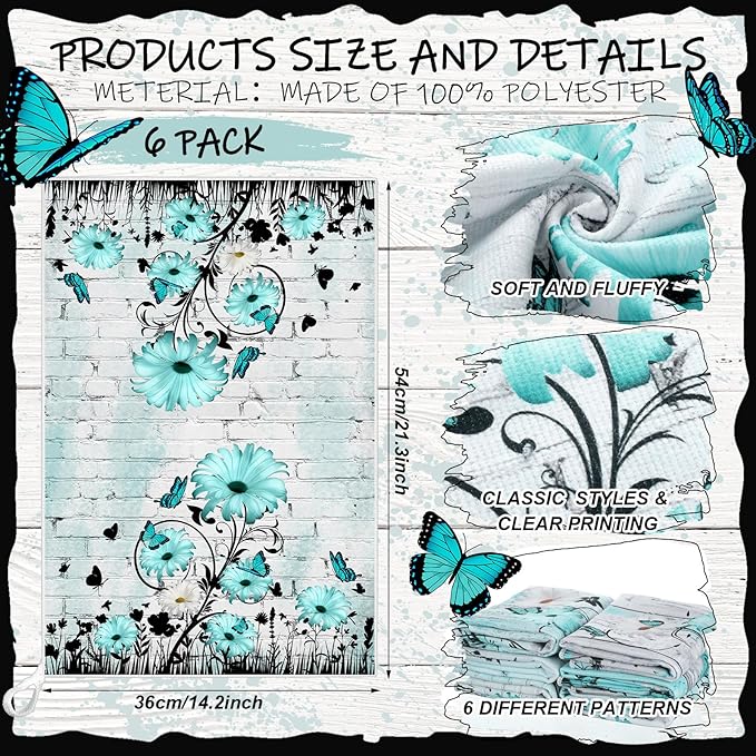 Breling Set of 6 Teal Daisy Kitchen Towel Vintage Themed Dish Towel Turquoise - Image 2