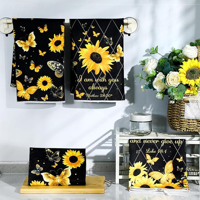 Bencailor 4 Pcs Sunflower Kitchen Towels Butterfly Flower Hand Dish Towels - Image 7