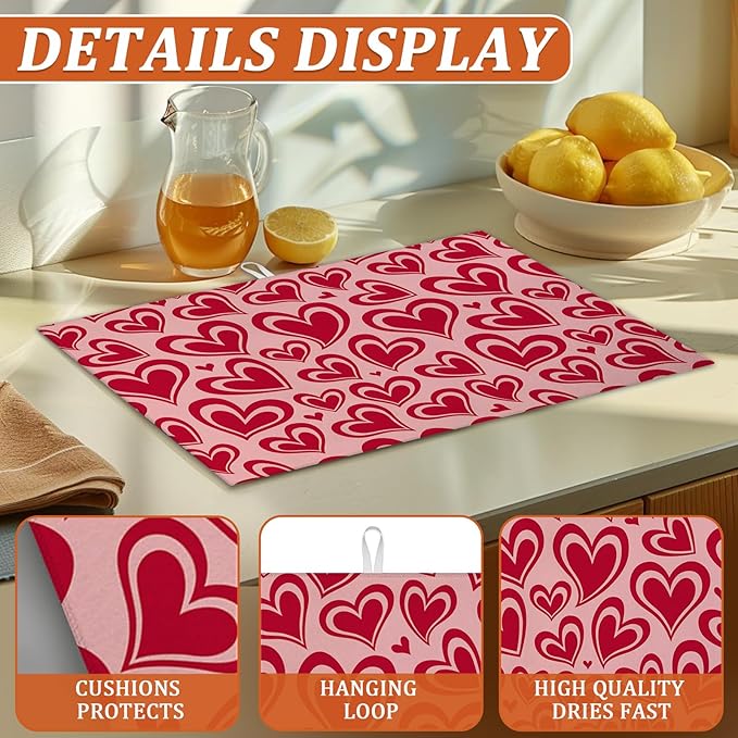 Red Hearts Dish Drying Mat for Kitchen Counter Microfiber Absorbent Dish - Image 3