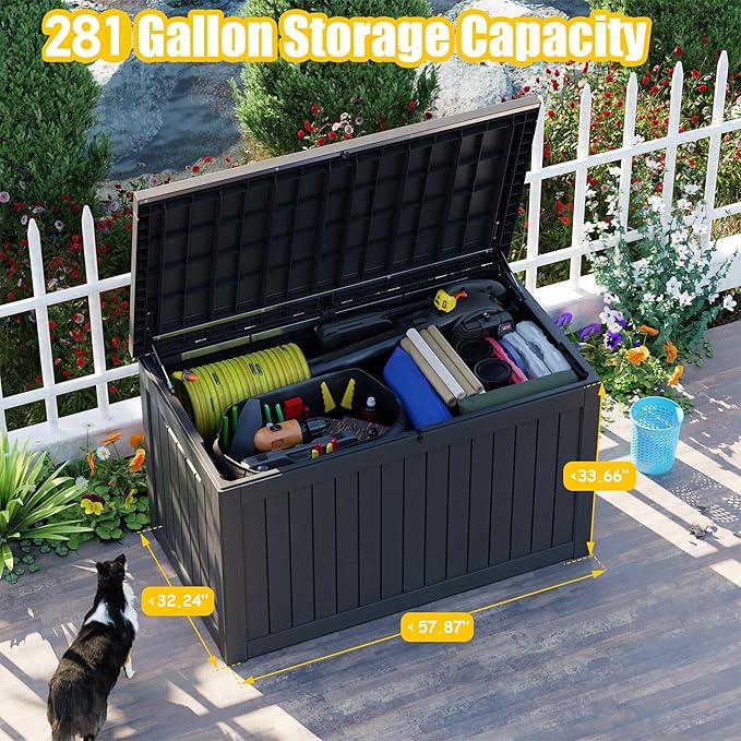 281 Gallon Outdoor Storage Box Waterproof, Large Resin Patio Deck Boxes, Lockable Outdoor Storage Container for Patio Furniture, Garden, and Pool Tools (281 Gallon, Black) - Image 2