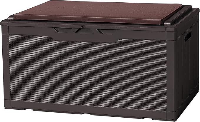 Flamaker Deck Box with Cushion 100 Gallon Waterproof Resin Storage Box with Air Rod Indoor Outdoor Lockable Storage Bench for Patio Furniture, Tools, Pool Accessories (Deep Brown) by Flamaker