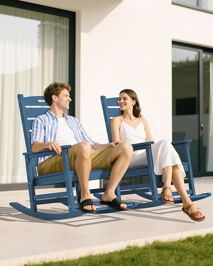 SERWALL Outdoor Rocking Chair Set of 4, Oversized HDPE Patio Rocking Chair with Footrest for Adults, All Weather Porch Rocker for Deck Patio Balcony, Navy - Image 2