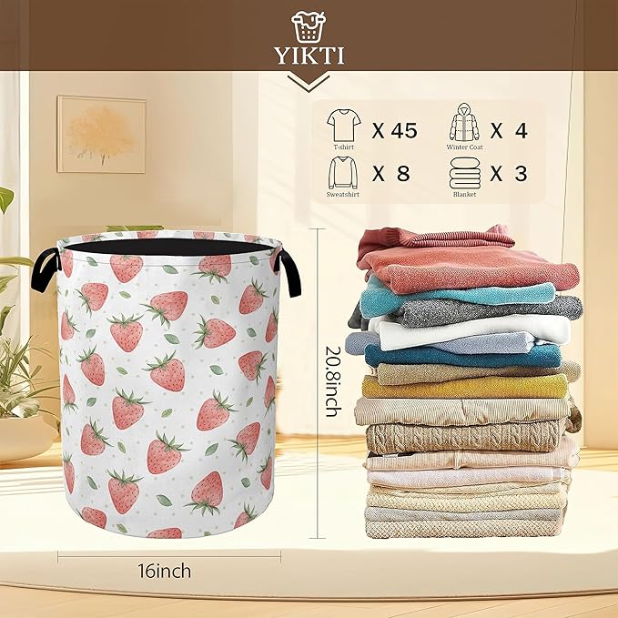 Watercolor Pink Strawberry Laundry Hamper, Waterproof Oxford Cloth Laundry Room - Image 2