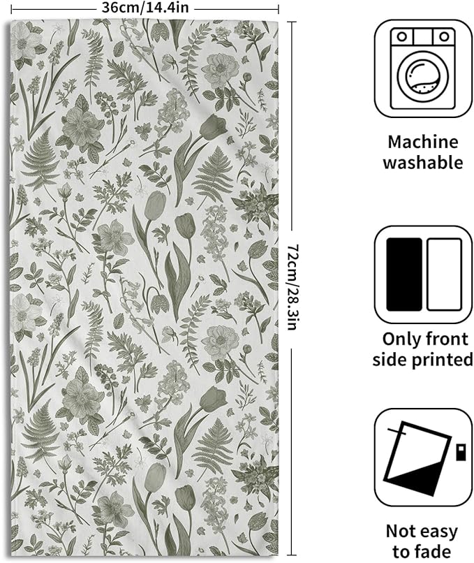 Spring Floral Hand Towels for Bathroom Set of 2 Sage Green White Flower Leaves - Image 2