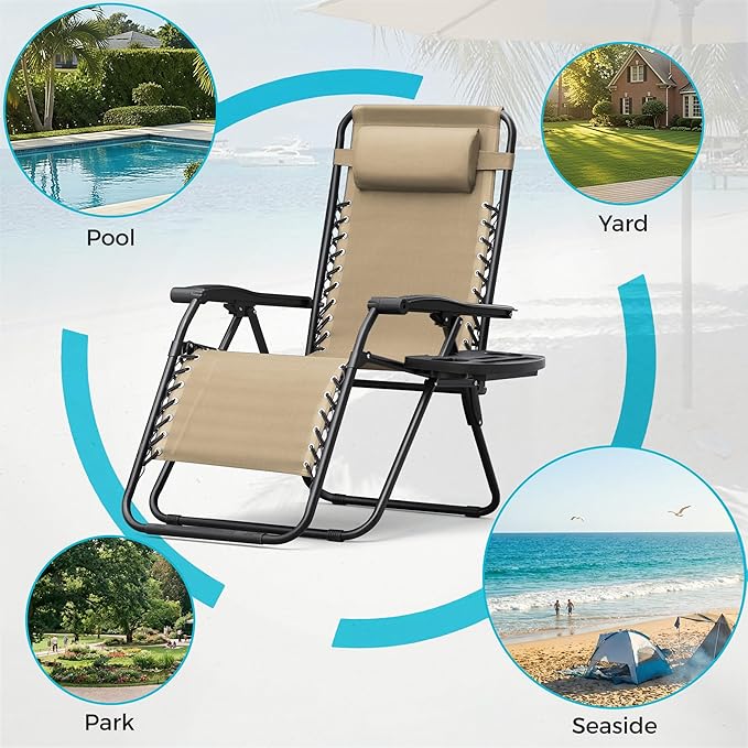 Homall Zero Gravity Chair Patio Folding Lawn Outdoor Lounge Gravity Camp Reclining Lounge Chair with Cup Holder Pillows for Poolside Backyard and Beach Set of 4 (Beige) - Image 7