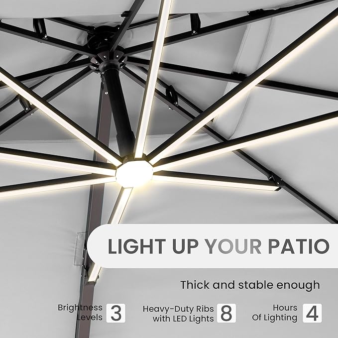 10 X 13 FT Cantilever Patio Umbrella with LED Lights Outdoor Heavy Duty Double Top Windproof Rectangle Offset Umbrellas with 360-degree Rotation for Pool Deck Backyard, Foggy Grey - Image 2