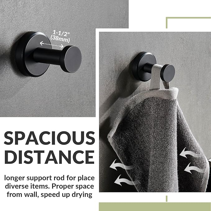 APLusee Matte Black Robe Towel Hook, 304 Stainless Steel Round Coat Hook - Image 4