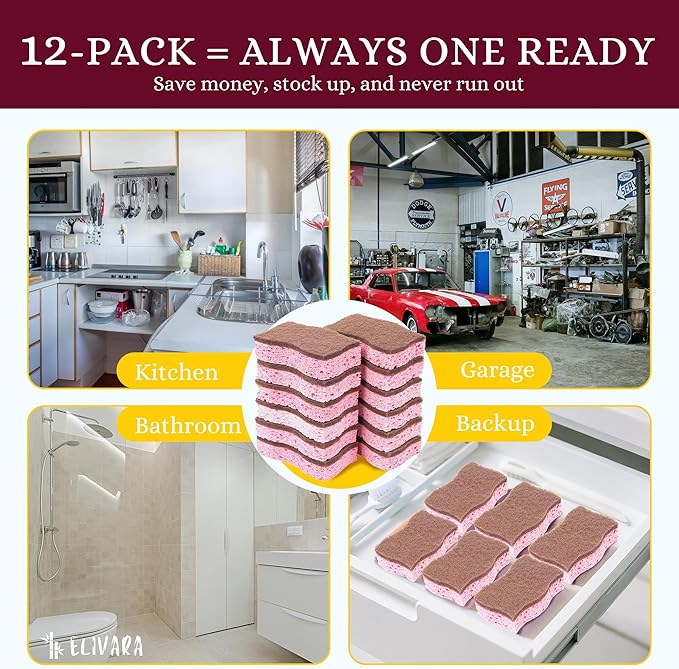 Kitchen Sponges – 12 Pack – Non-Scratch Dual-Sided Cellulose Scrub Sponges - Image 5