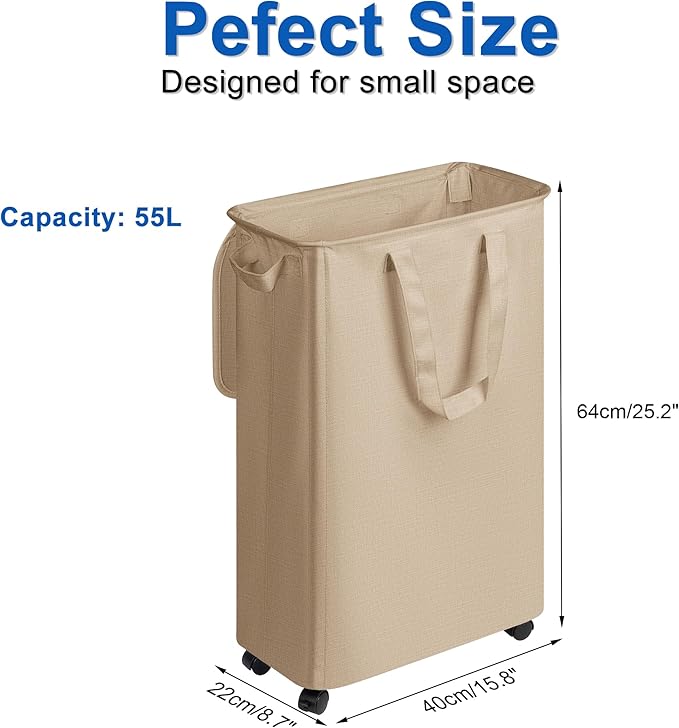 Slim Laundry Hamper with Lid and Wheels, Small Rolling Laundry Basket with - Image 2