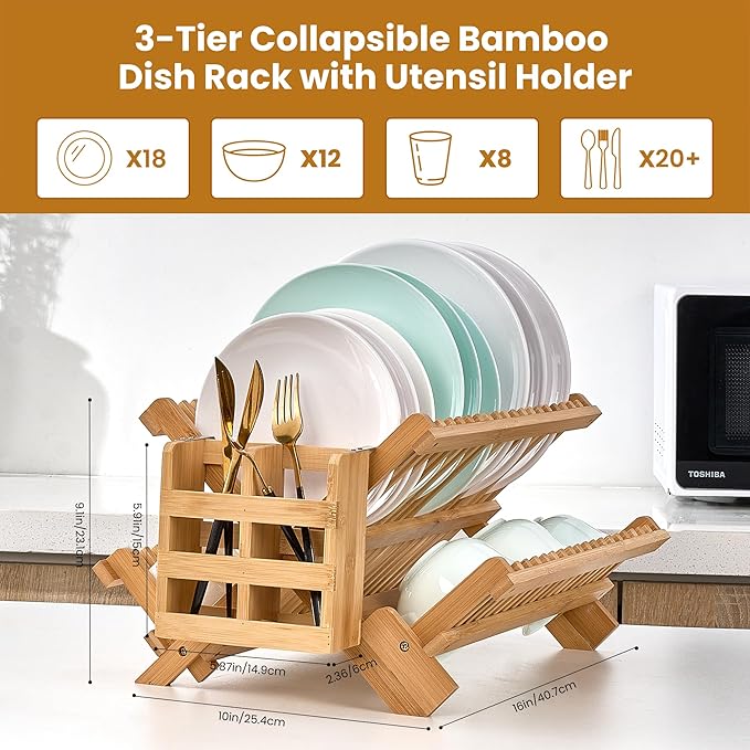 Bmaboo Dish Drying Rack for Kitchen Counter 3-Tier Collapsible Wooden Dish - Image 3