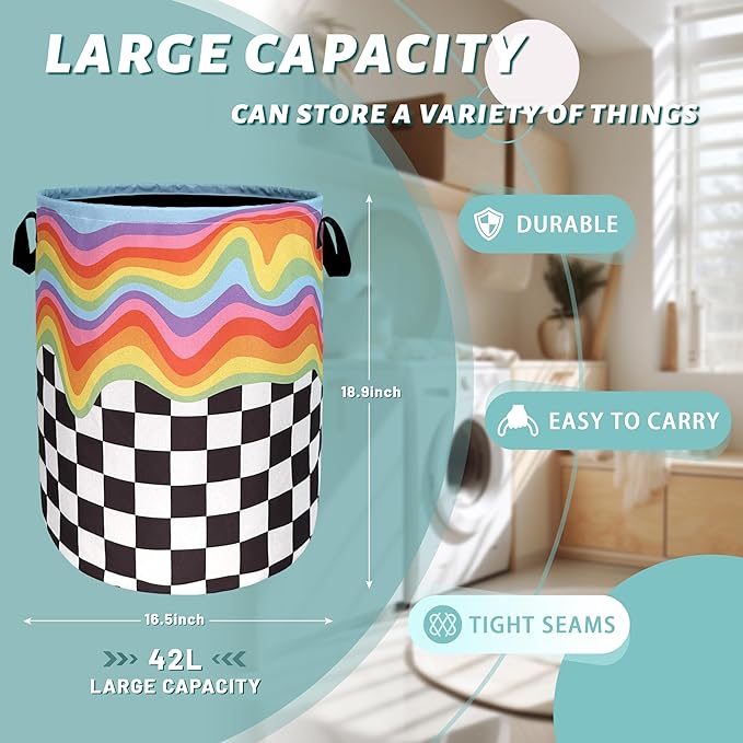 Rainbow Grey White Plaid Laundry Hamper Colorful Hippie Funny Laundry Basket - Image 2