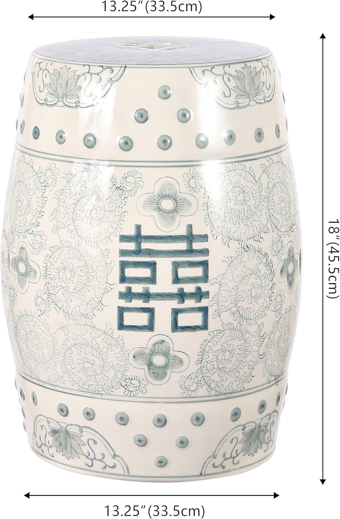 JONATHAN Y TBL1013C Double Happiness 18" Chinoiserie Ceramic Drum Indoor/Outdoor Garden Stool Bohemian, Coastal, Classic, Cottage, Traditional, Patio, Garden, Bathroom, Living Room, Gray Blue/White - Image 3