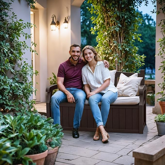 Devoko 80 Gallon Storage Bench Deck Box Lockable for Patio Furniture, Garden Decor and Outdoor Seating for Cushions, Garden Tools and Pool Supplies(Dark Brown) - Image 7