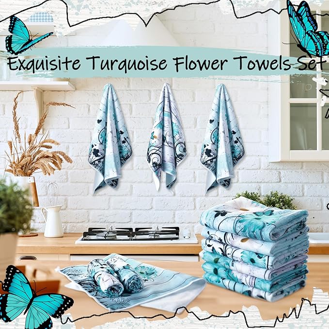 Breling Set of 6 Teal Daisy Kitchen Towel Vintage Themed Dish Towel Turquoise - Image 4
