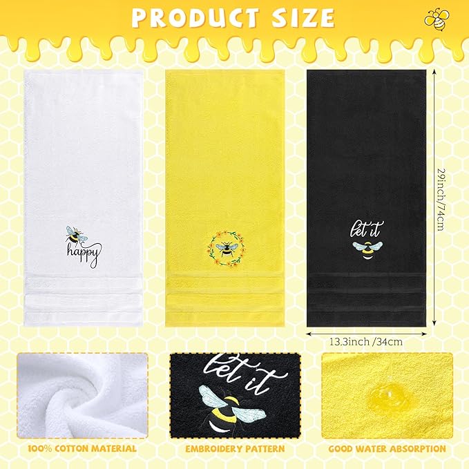 Bee Hand Towels Farmhouse Summer Yellow Bathroom Decor 14x29 Inch Embroidered - Image 2
