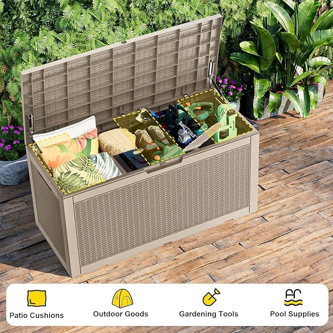 DRATO 320 Gallon Deck Box, Outdoor Large Waterproof Resin Storage Box with Lockable Lid for Patio Cushions, Gardening Tools（Gray，320 Gallon） - Image 6