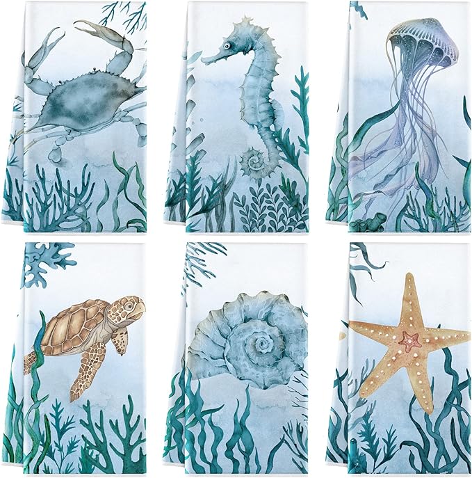 Boyiee Set of 6 Beach Kitchen Towels Sea Ocean Animal Nautical Tea Towels 24 x by Boyiee