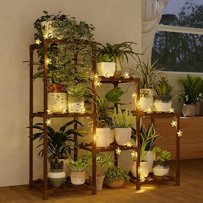 Bamworld Plant Stand Indoor with Flower Fairy Lights Battery Plant Shelf Wood Plant Rack for Multiple Plants 3 Tiers Ladder Plant Holder for 7 Pots for Living Room Home Decor for Gardening Gifts by Bamworld