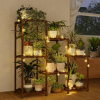 Bamworld Plant Stand Indoor with Flower Fairy Lights Battery Plant Shelf Wood Plant Rack for Multiple Plants 3 Tiers Ladder Plant Holder for 7 Pots for Living Room Home Decor for Gardening Gifts by Bamworld