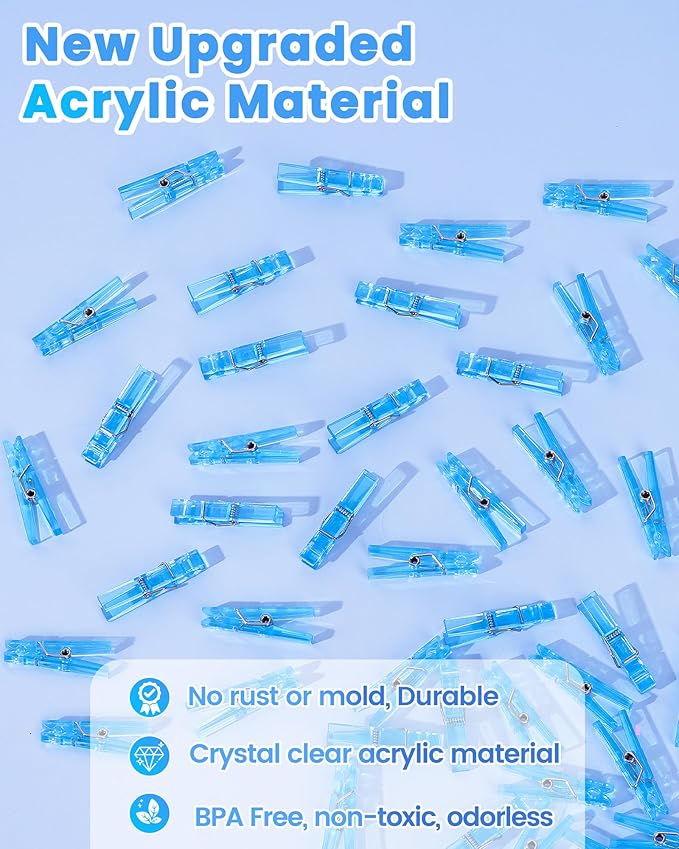 60PCS Blue Clear Clothes Pins for Baby Shower Games Boy, Transparent Acrylic - Image 2