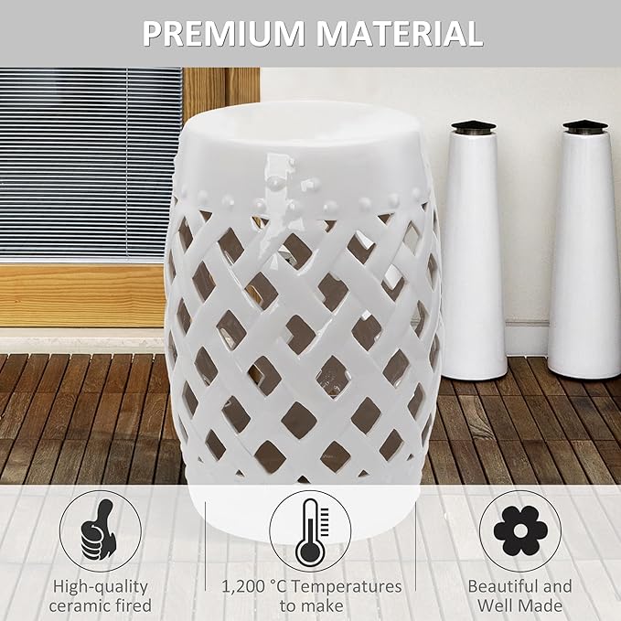 Outsunny 13" x 18" Ceramic Garden Stool with Woven Lattice Design & Glazed Strong Materials Decorative Outdoor Stool, White - Image 4