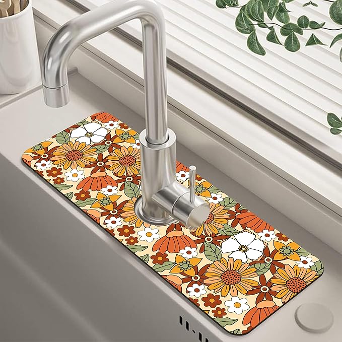 70s Retro Orange Floral Kitchen Sink Splash Guard Mat Absorbent Fast Drying Mat by Unknown