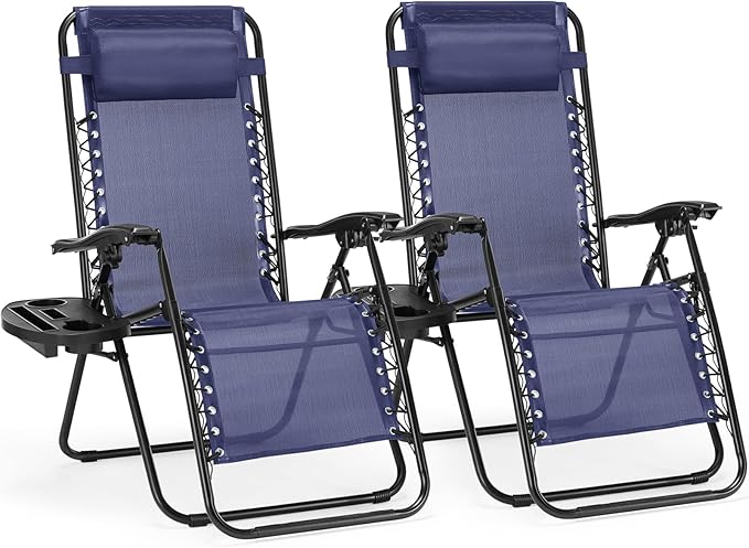 NEWBULIG Zero Gravity Chair Set of 2, Lounge Chair Folding Portable Adjustable Camping Reclining Chairs with Adjustable Pollow, Mesh Back, Cup Holder Trays Lawn Patio Chair for Pool Beach - Blue by NEWBULIG