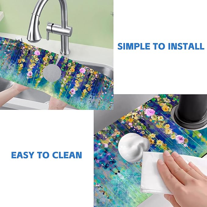 Abstract Watercolor Floral Kitchen Sink Splash Guard Mat Absorbent Fast Drying - Image 5