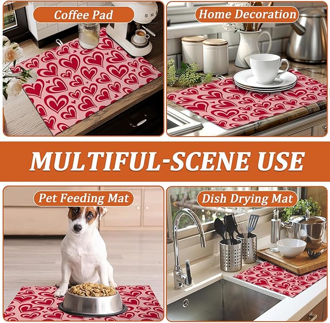 Red Hearts Dish Drying Mat for Kitchen Counter Microfiber Absorbent Dish - Image 7