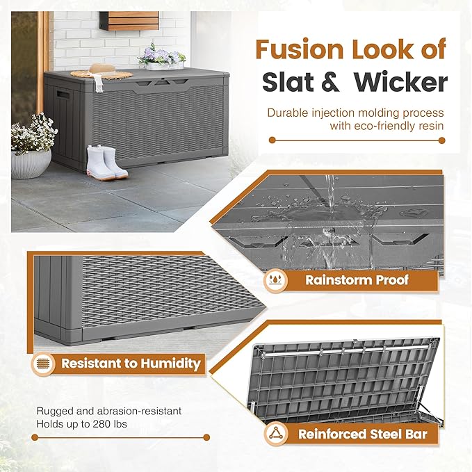 Greesum 100 Gallon Resin Patio Storage Box for Garden Tools, Outdoor Furniture Cushions, Pool Supplies, Gray - Image 5