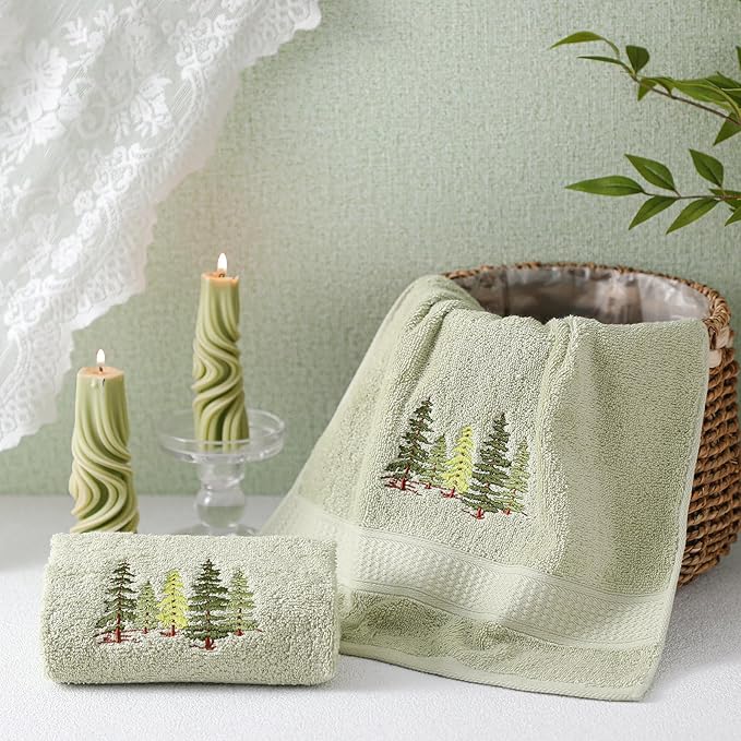 2 Pcs Forest Hand Towels Gray Green Bathroom Decor 14x29 Inch Embroidered 100% - Image 4
